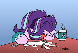 Size: 1024x691 | Tagged: safe, artist:bobthedalek, starlight glimmer, pony, unicorn, g4, atg 2022, bathrobe, bed mane, bowl, cereal, cheerios, clothes, faceplant, female, food, horn, kite, mare, milk, morning ponies, mug, newbie artist training grounds, pajamas, robe, solo, that pony sure does love kites, tired