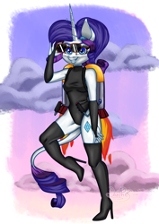 Size: 2826x4000 | Tagged: safe, artist:danthez, rarity, unicorn, anthro, g4, boots, breasts, clothes, cloud, female, flying, grin, high heels, horn, jetpack, leonine tail, leotard, requested art, shoes, sky, sky background, smiling, sunglasses, sunrise, tail, thigh boots