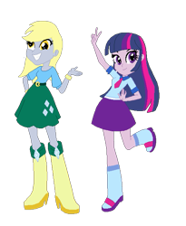 Size: 523x637 | Tagged: safe, artist:mariairini, derpy hooves, twilight sparkle, human, equestria girls, g4, belt, boots, clothes, duo, duo female, female, grin, high heel boots, shirt, shoes, simple background, skirt, smiling, transparent background