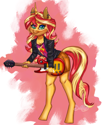 Size: 3482x4000 | Tagged: safe, artist:danthez, sunset shimmer, human, unicorn, anthro, unguligrade anthro, equestria girls, g4, breasts, electric guitar, guitar, high res, horn, looking at you, musical instrument, simple background, smiling, smiling at you