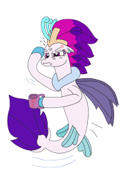 Size: 2448x3264 | Tagged: safe, artist:supahdonarudo, queen novo, seapony (g4), g4, my little pony: the movie, atg 2022, bloodshot eyes, coffee mug, cross-popping veins, exhausted, high res, holding, mug, newbie artist training grounds, simple background, tired, transparent background