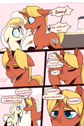 Size: 3000x4500 | Tagged: safe, artist:storyteller, oc, oc only, oc:hard boiled, oc:sunny side, earth pony, pony, unicorn, comic:eavesdrop, comic, dialogue, duo, female, frown, frustrated, kitchen, male, mare, shocked, shocked expression, speech bubble, stallion, surprised, tired