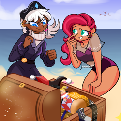 Size: 800x800 | Tagged: safe, artist:windywendy29, oc, oc only, oc:diamond doubloon, oc:painted lilly, bird, human, seagull, annoyed, beach, belt, bikini, blushing, boots, breasts, clothes, coat, dark skin, dc comics, duo, ear piercing, earring, female, grin, hammer, harley quinn, hat, humanized, humanized oc, jewelry, mallet, midriff, nonbinary, nose piercing, nose ring, ocean, piercing, pirate, pirate hat, plushie, sand, scar, see-through, shoes, skirt, smiling, sweater, swimsuit, toy, treasure, treasure chest, water