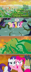 Size: 1136x2623 | Tagged: safe, artist:silverbuller, edit, edited screencap, screencap, applejack, fluttershy, pinkie pie, rarity, twilight sparkle, alicorn, earth pony, pegasus, pony, unicorn, g4, the beginning of the end, comic, everfree forest, face grab, female, i've seen enough hentai to know where this is going, mare, screencap comic, squishy cheeks, twilight sparkle (alicorn), vine