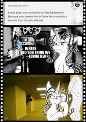 Size: 1359x1923 | Tagged: safe, artist:jamescorck, oc, oc:movie slate, pony, unicorn, butterfly net, female, film projector, mare, solo, the backrooms