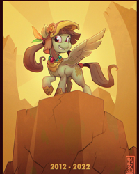 Size: 1440x1800 | Tagged: safe, artist:thenecrobalam, oc, oc:tailcoatl, pegasus, pony, anniversary, aztec, helmet, mexico, nation ponies, ponified, redraw, smiling, solo, wings