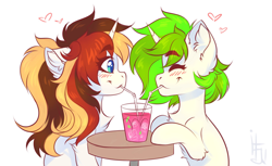 Size: 2048x1252 | Tagged: safe, artist:falafeljake, oc, oc only, oc:scarlet serenade, oc:vinyl mix, pony, unicorn, blushing, chest fluff, couple, drink, drinking, ear fluff, eyes closed, happy, heart, ponytail, scarletmix, sharing a drink, simple background, table, white background