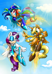 Size: 1280x1822 | Tagged: safe, artist:barbie--art, applejack, rainbow dash, rarity, alicorn, mobian, anthro, g4, alicornified, applecorn, clothes, cloud, flying, jetpack, leotard, looking at you, one eye closed, race swap, rainbowcorn, raricorn, sky, sky background, sonic the hedgehog (series), sonicified, wink, winking at you