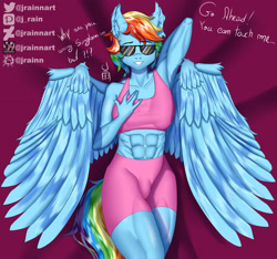 Size: 4185x3916 | Tagged: safe, alternate version, artist:jrainnart, rainbow dash, pegasus, anthro, g4, abs, bed, female, looking at you, smiling, smiling at you, solo, spread wings, sunglasses, wings