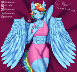 Size: 4185x3916 | Tagged: safe, alternate version, artist:jrainnart, rainbow dash, pegasus, anthro, g4, abs, bed, female, looking at you, smiling, smiling at you, solo, spread wings, wings