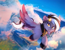 Size: 4000x3100 | Tagged: safe, artist:legionsunite, oc, oc only, oc:zephyr corax, oc:zephyrai, pegasus, pony, cloud, coat markings, colored belly, dark belly, female, flying, ocean, reverse countershading, scenery, shawl, smiling, socks (coat markings), solo, water