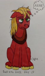 Size: 2297x3806 | Tagged: safe, artist:rapidsnap, big macintosh, earth pony, pony, g4, atg 2022, bags under eyes, exhausted, floppy ears, high res, lidded eyes, male, messy mane, newbie artist training grounds, onomatopoeia, simple background, solo, sound effects, stallion, thought bubble, tired, traditional art, white background, zzz