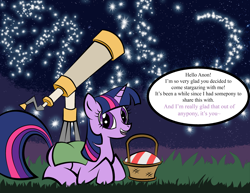 Size: 3542x2729 | Tagged: safe, artist:vareb, twilight sparkle, alicorn, pony, unicorn, g4, cute, date, high res, implied anon, looking at you, outdoors, picnic, picnic blanket, purple eyes, smiling, solo, stargazing, stars, talking to viewer, telescope, waifu