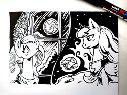 Size: 1400x1050 | Tagged: safe, artist:lexx2dot0, princess celestia, princess luna, alicorn, pony, g4, black and white, grayscale, mare in the moon, monochrome, moon, on the moon, planet, traditional art, window