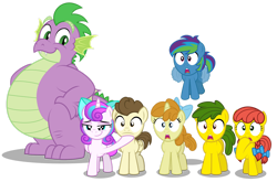 Size: 1920x1270 | Tagged: safe, artist:aleximusprime, pound cake, princess flurry heart, pumpkin cake, spike, oc, oc:annie smith, oc:apple chip, oc:storm streak, alicorn, dragon, earth pony, pegasus, pony, unicorn, flurry heart's story, g4, bow, braided pigtails, fanfic art, fangs, fat, fat spike, filly, filly flurry heart, flying, freckles, hair bow, hand on hip, jaw drop, kids, mouth hold, offspring, older, older flurry heart, older pound cake, older pumpkin cake, older spike, open mouth, parent:applejack, parent:oc:thunderhead, parent:rainbow dash, parent:tex, parents:canon x oc, parents:texjack, reaction image, shocked, shocked expression, shocked eyes, simple background, smug, tail, tail bow, tirek vs scorpan, transparent background, vector, wide eyes