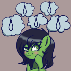 Size: 3000x3000 | Tagged: safe, artist:plaguemare, oc, oc only, oc:filly anon, earth pony, pony, blushing, female, filly, high res, implied suicide, noose, smiling, smirk, solo, thinking, thought bubble