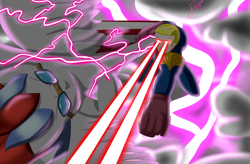 Size: 2560x1680 | Tagged: safe, artist:jimmy draws, oc, oc:thunder andreos, human, pegasus, angry, cape, clothes, cloud, crossover, eye beams, fight, glasses, homelander, laser, new god of thunder, punch, rage, the boys, thunder