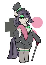 Size: 446x626 | Tagged: safe, artist:jargon scott, oc, oc only, oc:dot matrix, earth pony, pony, bipedal, bowtie, bucktooth, cane, chubby, clothes, evening gloves, eyebrows, eyebrows visible through hair, eyeshadow, fat, feather boa, female, garter belt, garter straps, gloves, hair over one eye, hat, hoof on hip, long gloves, looking at you, makeup, mare, simple background, solo, stockings, thigh highs, top hat, white background
