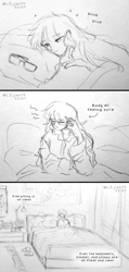 Size: 1200x2525 | Tagged: safe, artist:lzjian79, sci-twi, twilight sparkle, human, comic:missing her, equestria girls, g4, bed, bedroom, blanket, blinking, clothes, comic, eyes closed, female, pillow, slippers, solo, traditional art