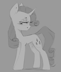 Size: 884x1043 | Tagged: safe, artist:melodylibris, rarity, pony, unicorn, g4, bedroom eyes, eyeshadow, female, gray background, grayscale, looking back, makeup, mare, monochrome, simple background, smiling, solo, turned head