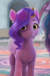 Size: 368x562 | Tagged: safe, screencap, izzy moonbow, pipp petals, pegasus, pony, g5, my little pony: make your mark, my little pony: make your mark chapter 1, animated, blinking, cropped, ear flick, female, gif, i watch it for the ears, mare, offscreen character, pipp is short, solo focus