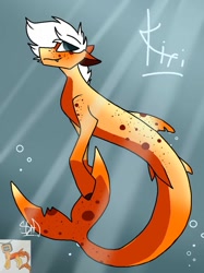 Size: 767x1024 | Tagged: safe, artist:gg73e, oc, oc only, merpony, seapony (g4), blushing, bubble, crepuscular rays, dorsal fin, fins, fish tail, freckles, male, ocean, signature, smiling, solo, sunlight, swimming, tail, underwater, water, white mane