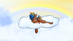 Size: 3840x2160 | Tagged: safe, artist:hiddelgreyk, oc, oc only, pegasus, pony, blue mane, brown coat, cloud, high res, looking at you, lying down, lying on a cloud, on a cloud, pegasus oc, rainbow, solo, spread wings, wings