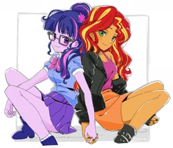 Size: 1805x1543 | Tagged: safe, artist:5mmumm5, sci-twi, sunset shimmer, twilight sparkle, human, equestria girls, g4, clothes, duo, duo female, female, glasses, holding hands, jacket, leather, leather jacket, legs, lesbian, looking at each other, looking at someone, ponytail, ship:sci-twishimmer, ship:sunsetsparkle, shipping, shoes, simple background, skirt, smiling, smiling at each other, tank top, white background
