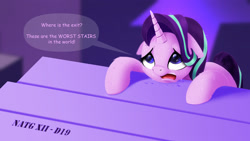 Size: 1920x1080 | Tagged: safe, artist:darksly, starlight glimmer, pony, unicorn, g4, atg 2022, female, floppy ears, horn, mare, newbie artist training grounds, open mouth, solo, speech bubble, stairs, sweat