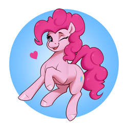 Size: 2808x2808 | Tagged: safe, artist:aquaticvibes, pinkie pie, earth pony, pony, circle background, cute, diapinkes, female, gradient background, heart, looking at you, mare, one eye closed, open mouth, open smile, smiling, smiling at you, solo, wink, winking at you