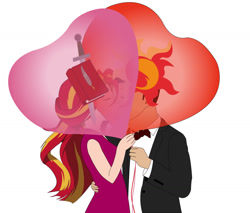 Size: 1280x1089 | Tagged: safe, artist:hakdurbin, sunset shimmer, oc, oc:rough draft, human, g4, balloon, clothes, cute, cutie mark balloon, daaaaaaaaaaaw, dress, heart balloon, humanized, kissing, romantic, simple background, suit, white background