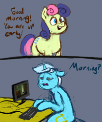 Size: 2048x2455 | Tagged: safe, artist:phutashi, bon bon, lyra heartstrings, sweetie drops, earth pony, pony, unicorn, g4, 2 panel comic, atg 2022, bags under eyes, comic, computer mouse, dialogue, duo, female, high res, keyboard, mare, monitor, newbie artist training grounds, sitting, stray (game), tired