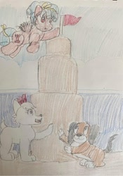 Size: 1170x1673 | Tagged: safe, artist:powerpup97, cozy glow, dog, pegasus, pony, g4, crossover, disney, fifi (disney), paw patrol, sandcastle, sweetie (paw patrol), traditional art