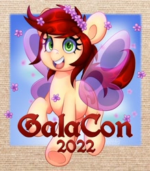 Size: 1797x2048 | Tagged: safe, artist:partypievt, oc, oc:canni soda, earth pony, pony, galacon, female, floral head wreath, flower, flower in hair, flying, galacon 2022, glimmer wings, mare, open mouth, open smile, smiling, solo, wings