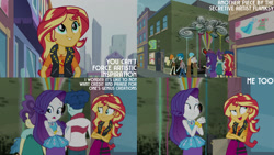 Size: 1280x720 | Tagged: safe, edit, edited screencap, editor:quoterific, screencap, curly winds, rarity, scribble dee, some blue guy, sunset shimmer, human, display of affection, equestria girls, g4, my little pony equestria girls: better together, bracelet, clothes, crossed arms, cutie mark on clothes, female, geode of empathy, geode of shielding, hairpin, jewelry, leather, leather vest, magical geodes, male, necklace, open mouth, open smile, rarity peplum dress, smiling, text, vest