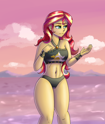 Size: 1600x1900 | Tagged: safe, artist:zachc, sunset shimmer, human, equestria girls, g4, bare shoulders, belly button, bikini, breasts, clothes, eyebrows, female, legs, sleeveless, smiling, solo, sunset shimmer swimsuit, sunset shimmer's beach shorts swimsuit, swimsuit
