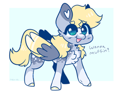 Size: 2321x1809 | Tagged: safe, artist:moccabliss, derpy hooves, pony, g4, alternate design, alternate eye color, chest fluff, chibi, colored wings, dialogue, eye color change, eyebrows, eyebrows visible through hair, happy, palindrome get, smiling, solo, two toned wings, wings