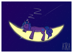 Size: 4965x3600 | Tagged: safe, artist:a1ra, izzy moonbow, pony, unicorn, g5, female, mare, moon, night, night sky, onomatopoeia, sky, sleeping, sleeping on moon, solo, sound effects, stars, tangible heavenly object, zzz