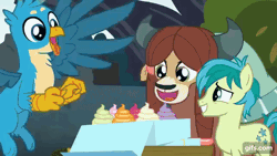 Size: 640x360 | Tagged: safe, screencap, gallus, ocellus, sandbar, smolder, yona, changeling, dragon, earth pony, griffon, pony, yak, g4, school daze, season 8, ^^, animated, cupcake, dragoness, eating, eyes closed, female, flying, food, gif, gifs.com, male, open mouth, open smile, pillow, smiling, spread wings, stallion, wings