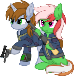Size: 7259x7408 | Tagged: safe, artist:cyanlightning, oc, oc only, oc:littlepip, oc:wandering sunrise, pony, unicorn, fallout equestria, fallout equestria: dead tree, .svg available, absurd resolution, clothes, commissioner:solar aura, dexterous hooves, duo, ear fluff, gun, handgun, little macintosh, optical sight, revolver, scope, shotgun, simple background, sitting, transparent background, vector, weapon