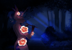 Size: 2600x1800 | Tagged: safe, artist:anastas, oc, oc:angerona, unicorn, anthro, anthro oc, blouse, bush, clothes, collarbone, commission, detailed background, erotica, eyes closed, feather, flower, flower in hair, flute, forest, glowing, glowing flowers, hanahaki disease, hand, moonlight, musical instrument, night, no pony, oda 997, outfit, path, solo, tail, tree