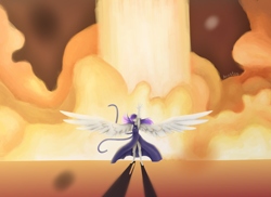 Size: 2200x1600 | Tagged: safe, artist:anastas, oc, oc only, pegasus, anthro, clothes, dress, eyes closed, female, fire, heeled shoes, high heels, legs, purple dress, raised hand, ribbon, rocket, shadow, shoes, smiling, smoke, solo, standing, streamers, wind