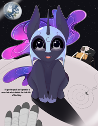 Size: 2500x3200 | Tagged: safe, artist:chapaevv, nightmare moon, human, pony, g4, astronaut, cute, dialogue, earth, ethereal mane, eye reflection, female, galaxy mane, helmet, high res, human pov, looking at you, luna and the nauts, lunar lander, misspelling, moon, moonabetes, offscreen character, open mouth, open smile, patreon, patreon reward, pov, reflection, smiling, smiling at you, solo, space, spaceship, spacesuit, text