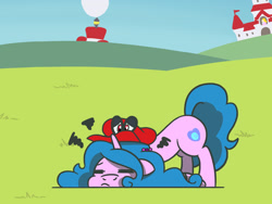 Size: 1800x1350 | Tagged: safe, artist:flutterluv, part of a set, izzy moonbow, pony, unicorn, g5, atg 2022, cappy (mario), exhausted, eyes closed, female, frown, mare, mushroom kingdom, newbie artist training grounds, part of a series, solo, super mario bros., super mario odyssey, tired