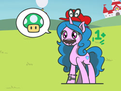 Size: 1800x1350 | Tagged: safe, artist:flutterluv, part of a set, izzy moonbow, pony, unicorn, g5, 1-up mushroom, 1up, atg 2022, bracelet, cappy (mario), facial hair, friendship bracelet, happy, jewelry, moustache, mushroom, mushroom kingdom, newbie artist training grounds, nintendo, part of a series, pictogram, smiling, solo, speech bubble, super mario bros., super mario odyssey