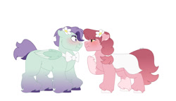Size: 1280x732 | Tagged: safe, artist:itstechtock, oc, oc only, oc:mistflower, oc:morning glory, earth pony, pegasus, pony, bowtie, clothes, colt, female, filly, foal, magical lesbian spawn, male, offspring, parent:ivy vine, parent:lily valley, parent:november rain, parent:roseluck, simple background, skirt, white background