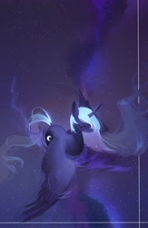 Size: 1976x3035 | Tagged: safe, artist:dreamsugar, princess luna, alicorn, pony, g4, beautiful, ethereal mane, eyes closed, female, flowing mane, galaxy mane, high res, horn, mare, missing accessory, reflection, solo, spread wings, swimming, water, wings