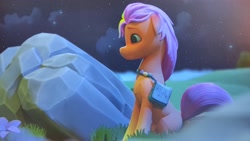 Size: 2048x1152 | Tagged: safe, artist:makaryo, sunny starscout, earth pony, pony, g5, 3d, bag, female, mare, night, saddle bag, sitting, solo