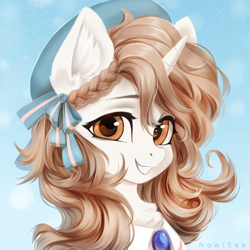 Size: 2000x2000 | Tagged: safe, artist:inowiseei, oc, oc only, pony, unicorn, blue background, bonnet, bust, chest fluff, clothes, commission, ear fluff, female, hat, high res, horn, looking at you, mare, portrait, simple background, smiling, smiling at you, solo, unicorn oc