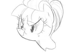 Size: 956x782 | Tagged: dead source, safe, artist:tess, aunt orange, earth pony, pony, g4, eye clipping through hair, female, frown, glare, grumpy, monochrome, nose wrinkle, scrunchy face, simple background, solo, white background